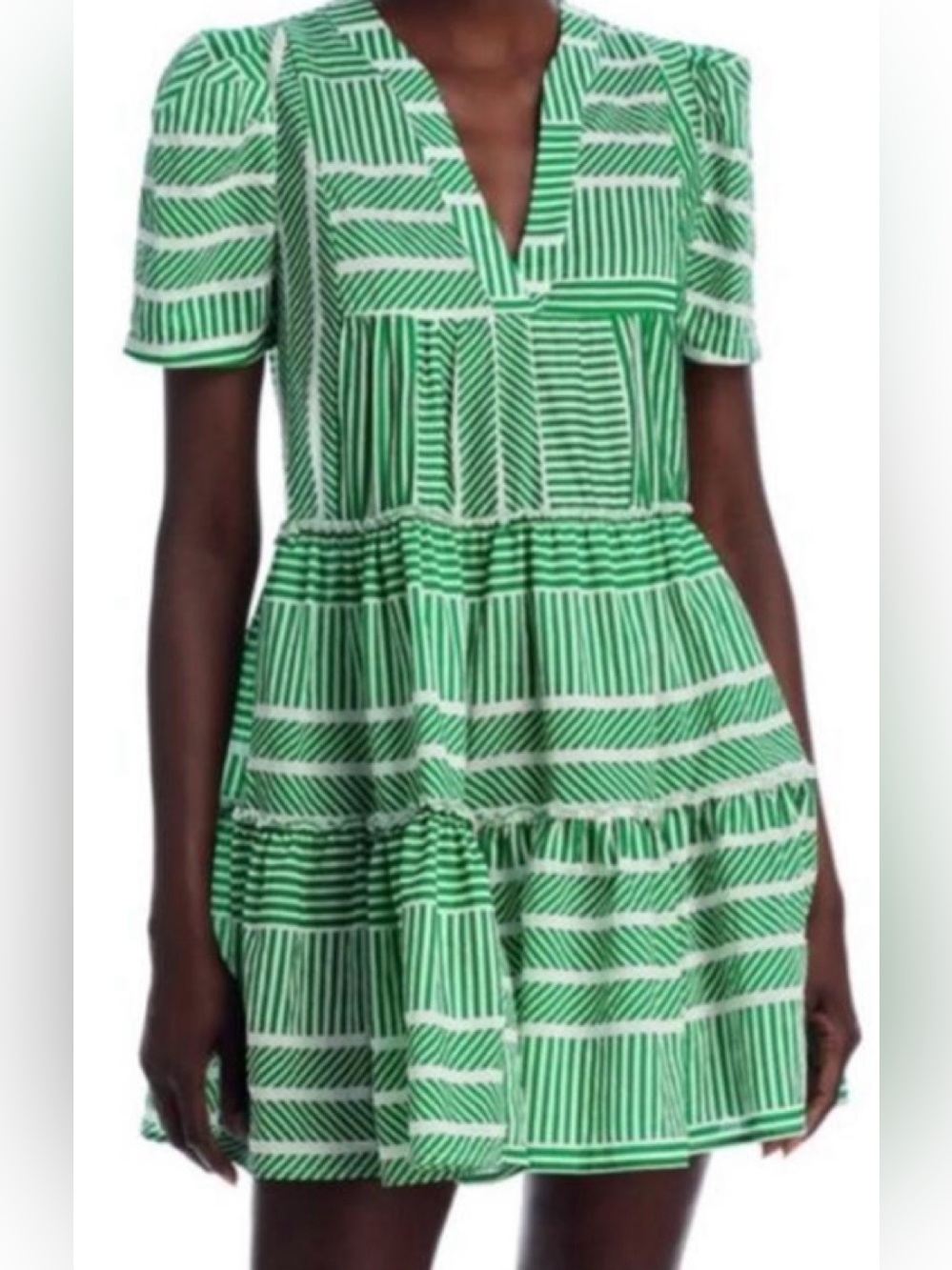 Aqua Green and White Striped V-Neck Tiered Mini Dress Medium